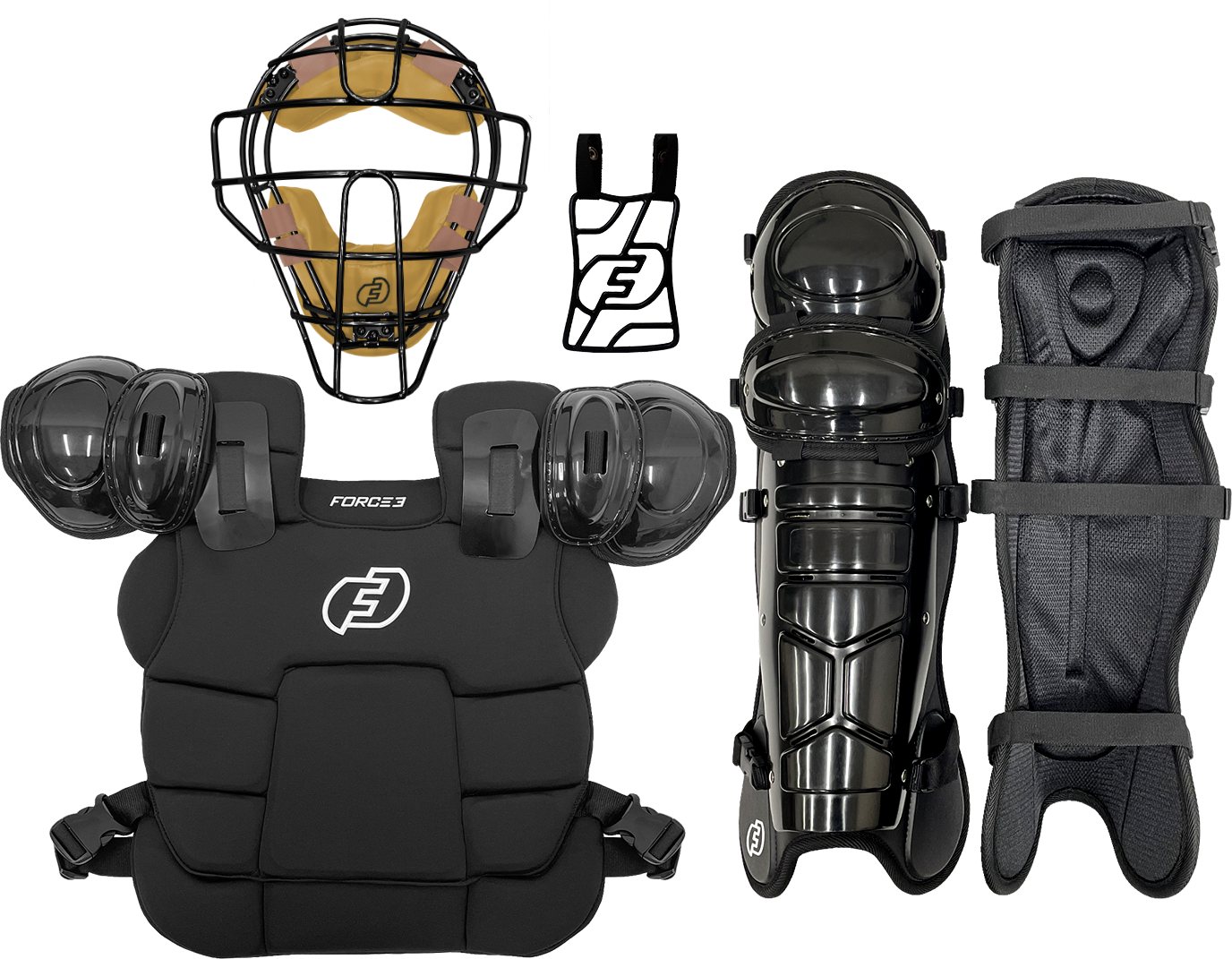 baseball umpire gear FORCE3 Ultimate Umpire Traditional Defender Mask Set 18.5" Shins / Black/Tan